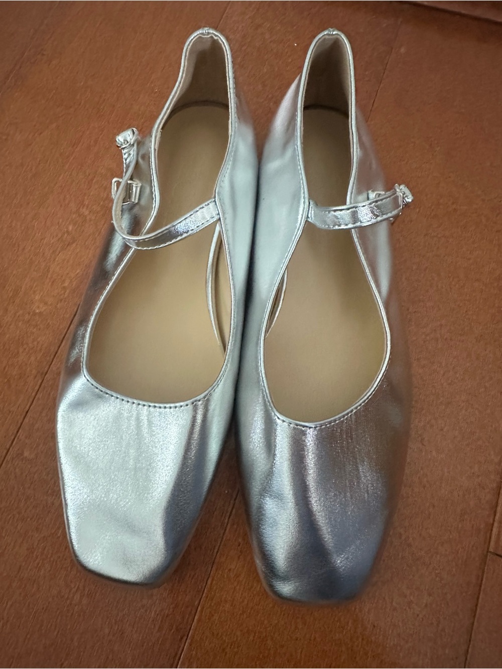 Pêche Silver Metallic Mary Jane Square-Toe Leather Flats